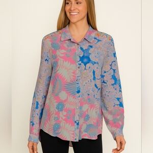 Rose + Olive Colorful Patterned Button-Up Blouse Size Large